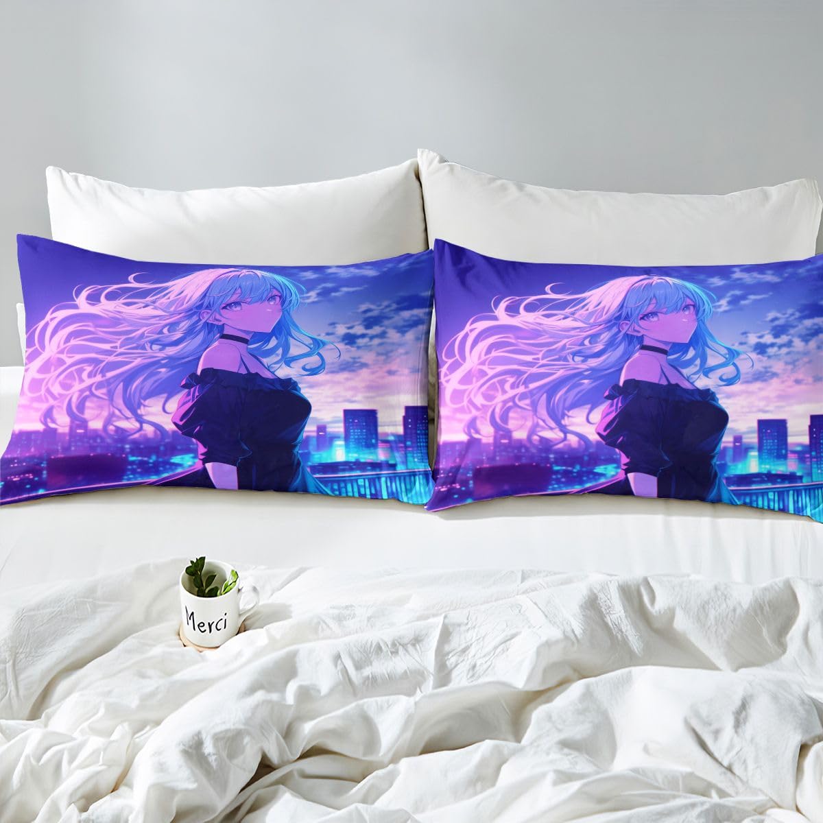 Japanese Anime Girl Bedding Set 3D Anime Gifts Bed Sheets Queen for Kids Boys Guys Japanese Style Fitted Sheet, Cartoon Printed Kawaii Girls Sheets Romance Cherry Blossoms Fitted Bed Sheets
