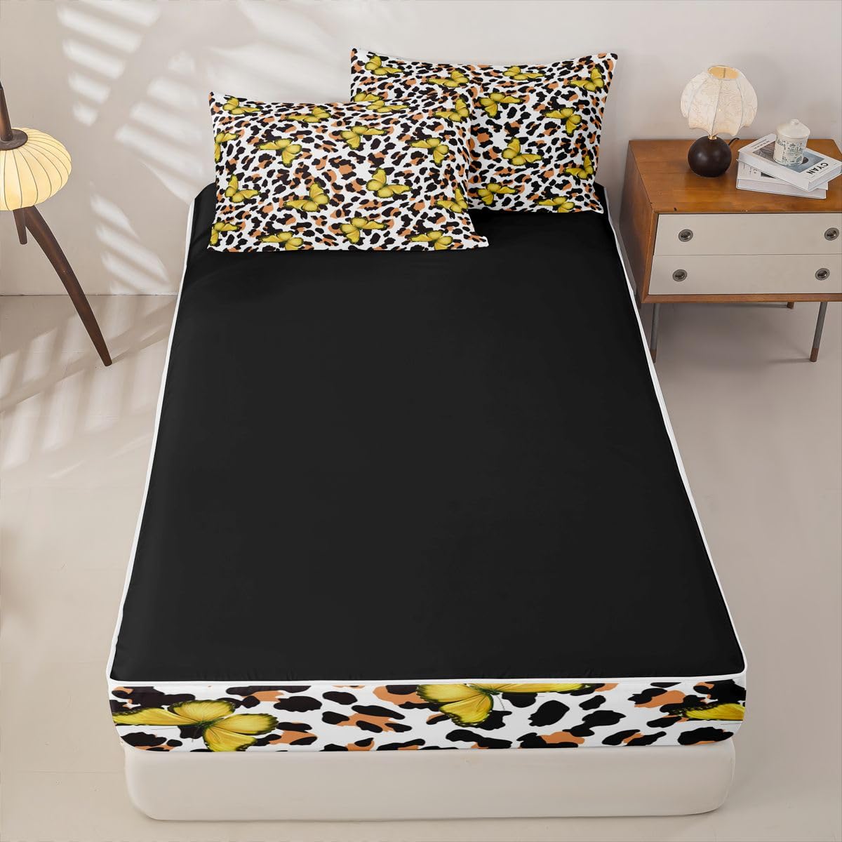 Feelyou Leopard Print Zipper Bedding Queen Yellow Butterfly Zipper Bedding Sets for Kids Boys Girls Girl Butterflies Comforter Set with Fitted Sheet and 2 Pillowcases Bedroom Decor