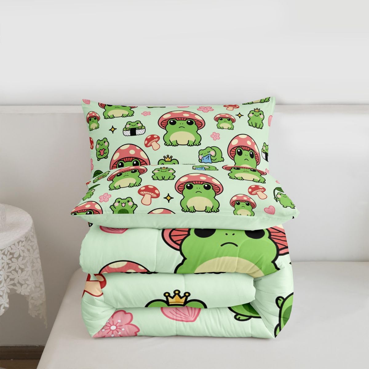 Mushroom Frog Comforter Set Queen Size Cute Mushroom Bedding Set 3pcs for Kids Girls Boys Bedroom Decor Cartoon Animals Plants Quilt Set Pink Green Duvet Insert,2 Pillowcases