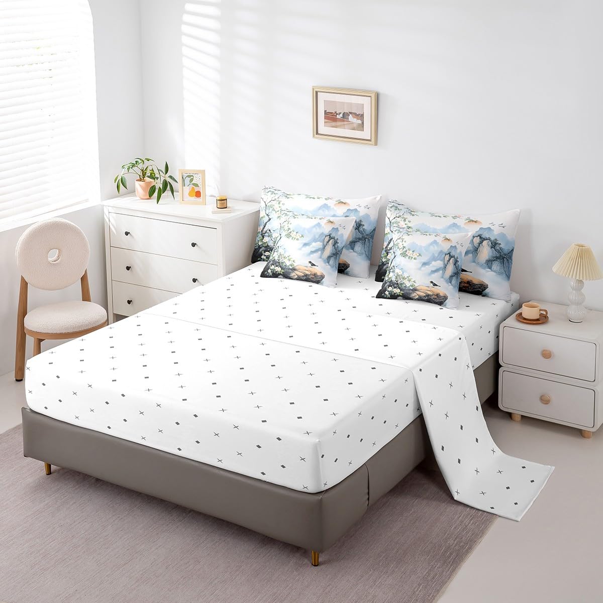 Feelyou Kids Cute Sparrow 7 Pieces Bedding Set Queen Size, Nature Spring Bed in A Bag Boys Girls Floral Botanical Comforter Set with Sheets Smoky Mountain Teens Bed Set Bedroom Decor 7Pcs