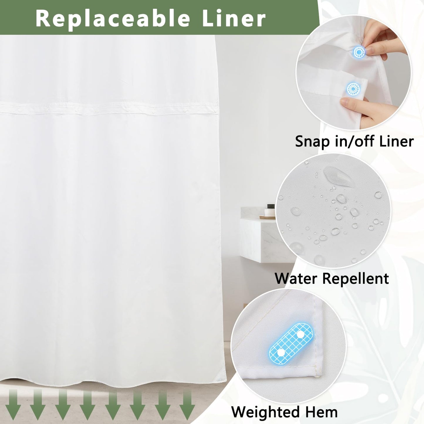 Sage Green Tropical Leaves Shower Curtain and Liner Set, Monstera Palm Leaf Botanical Design Bathroom Curtains, Waterproof Double Layers Fabric No Hook Shower Curtain with Top Mesh Window, 71x74 Inch