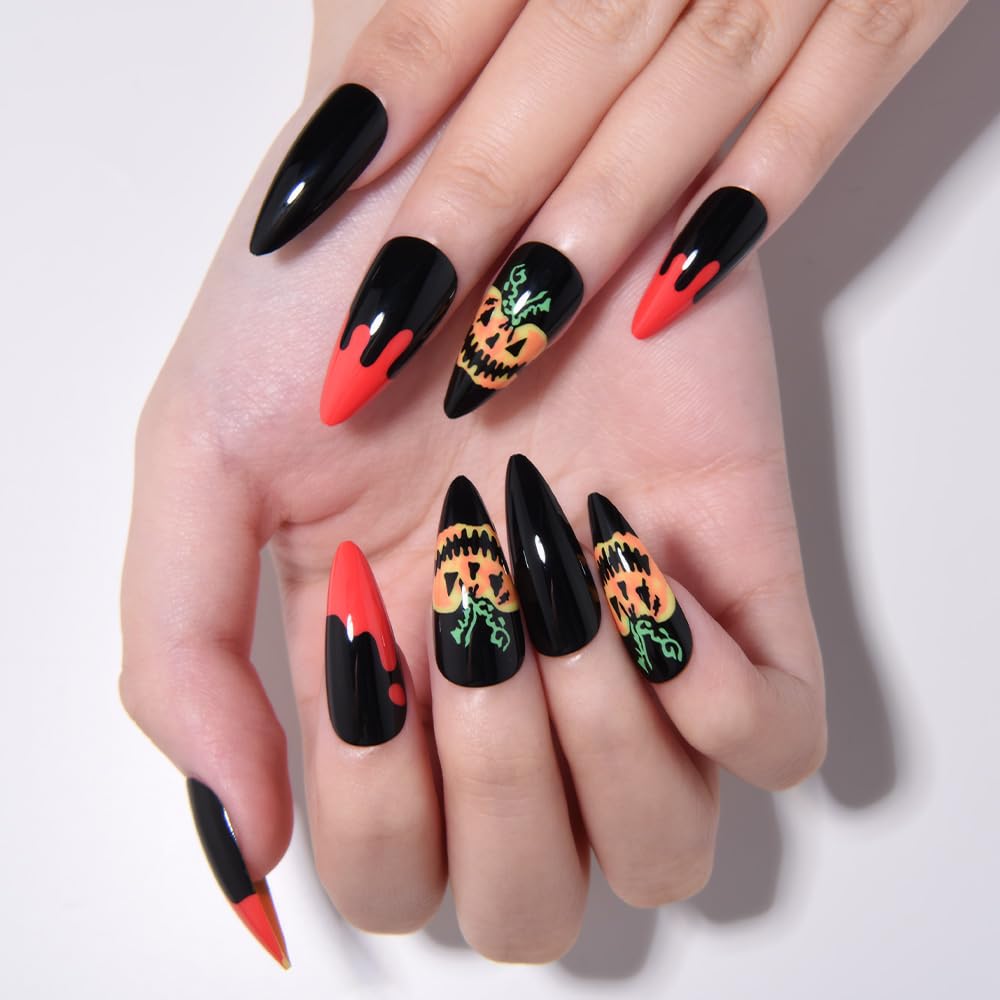 Halloween Press on Nails Medium Almond with Horror Design, Medium Almond Red Black Artificial Fake Nails with Ghost Pumpkin Designs, Perfectly Fit Soft Gel Full Cover Glossy Stick on Nail for Women