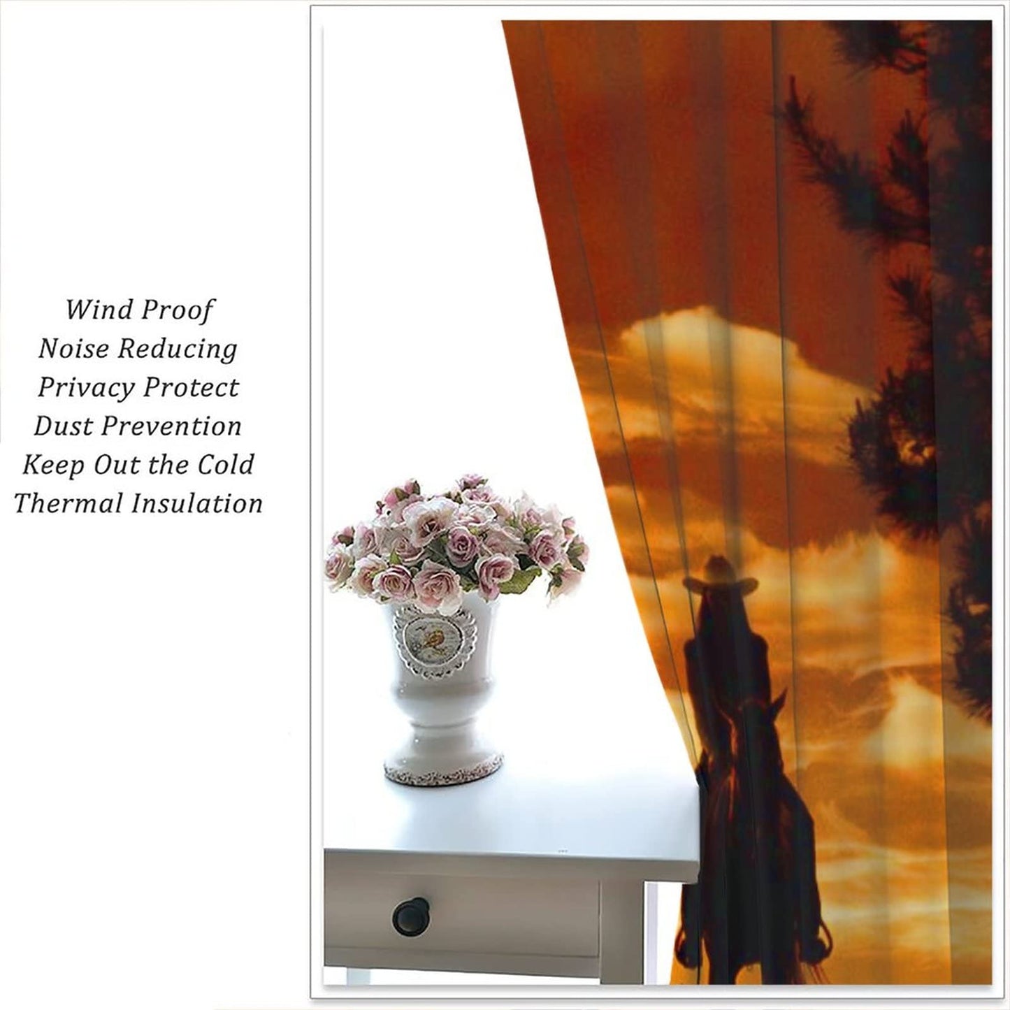 Kazynee Rustic Cowboy Blackout Curtains for Bedroom,Western Forest Sunset Country Cowboy Riding Horse Window Curtains Rod Pocket 2 Panels 45L x 21W