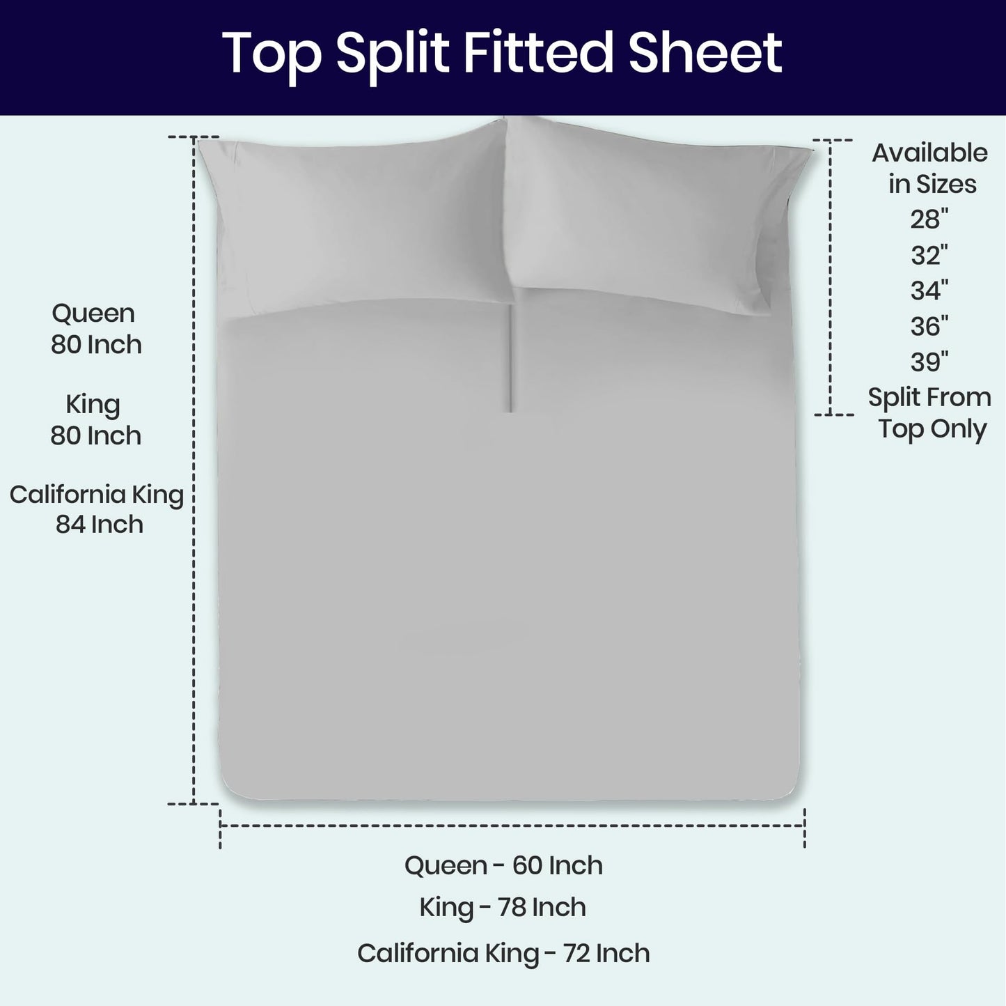 SGI bedding 32" Queen Split Top Flex Head Fitted Sheet ONLY 100% Egyptian Cotton Sheet Flex Top Fitted Sheet for Adjustable Bed 15" Deep Pocket, Sleep Number Bed - Silver