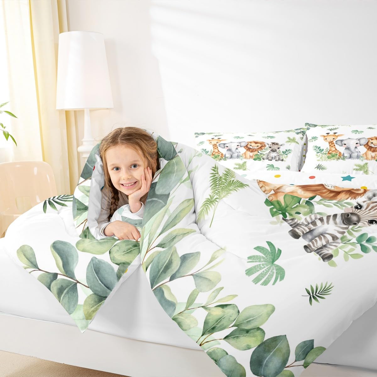 Erosebridal Jungle Animal Bedding Sets for Boys Nursery Giraffe Elephant Comforter Full Size for Kids Girls Baby Green Botanical Eucalyptus Palm Leaves Quilt Zebra Lion Safari Animal Duvet Insert