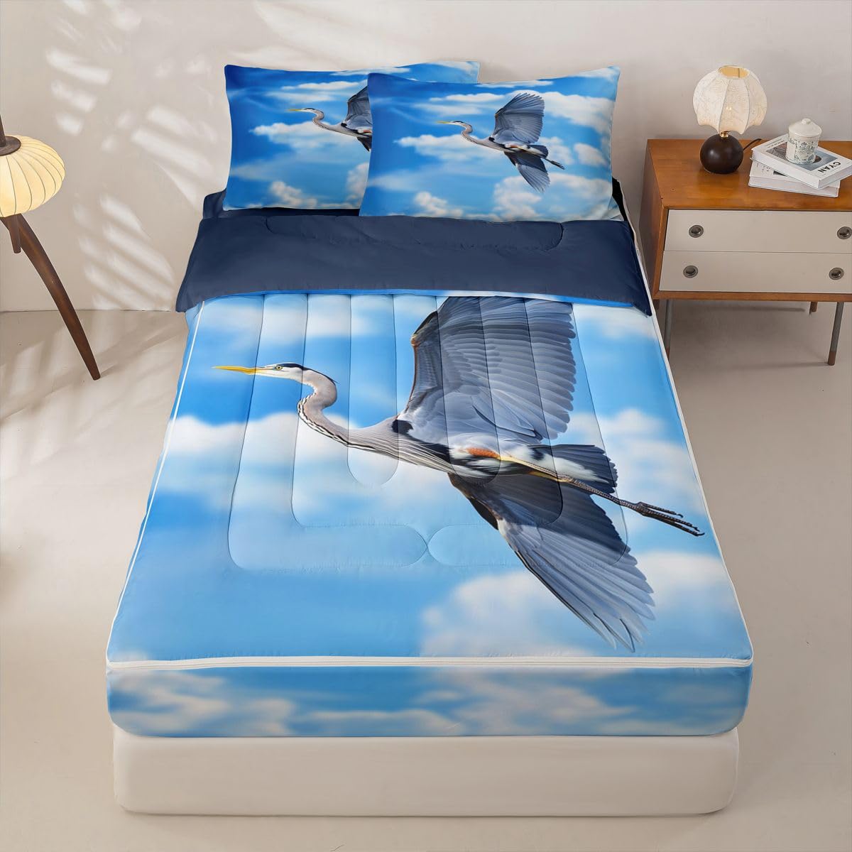 Erosebridal Flying Heron Zippable Comforter Blue Sky Twin Bedding Blue Heron Zipper Bed Set with Sheets White Clouds Bed in a Bag Bedroom Decor