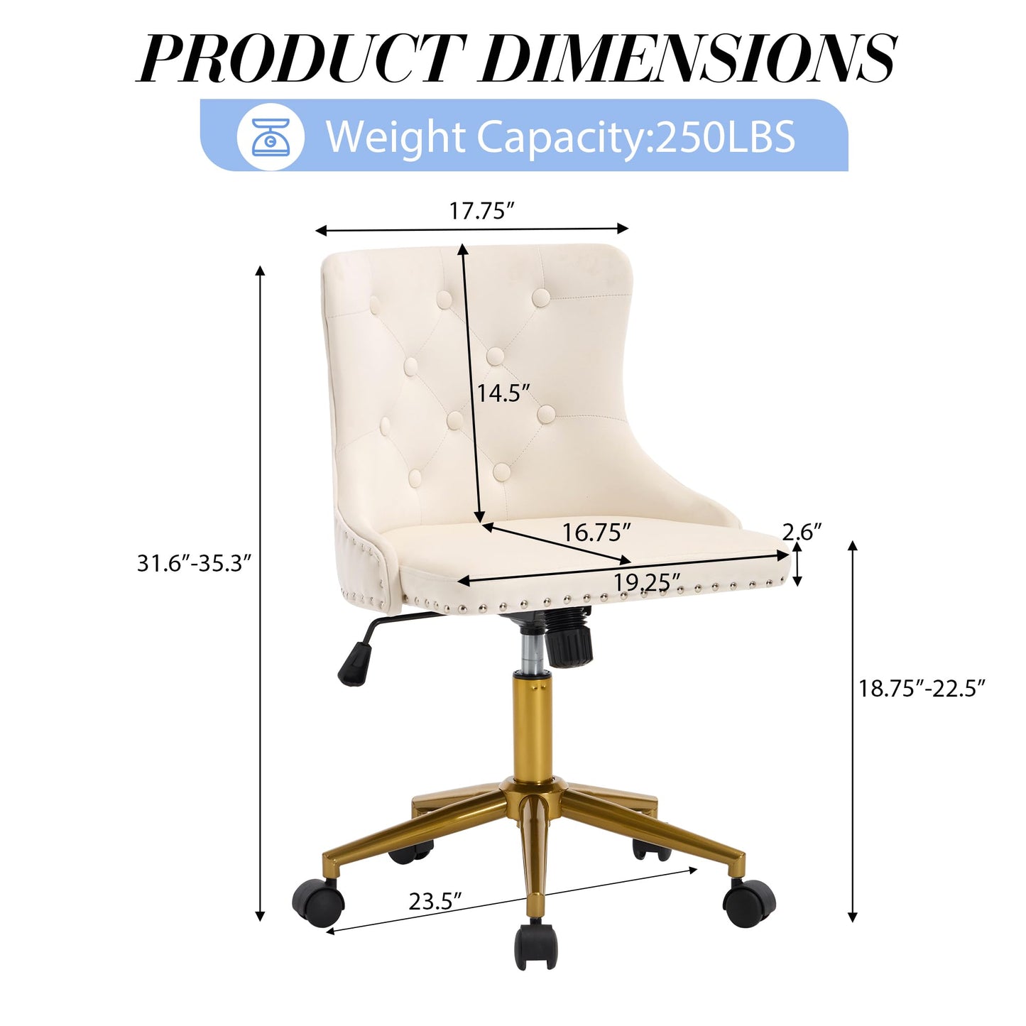 Beige Velvet Armless Desk Chair, Comy Vanity Chair with Rivet and Gold Base