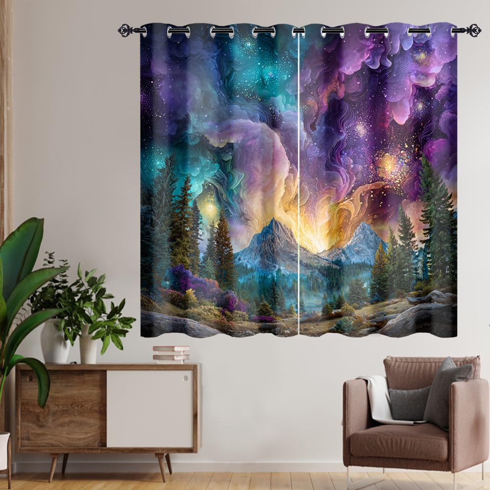 XSUPFLYM Beautiful Realistic Starry Sky Window Blackout Curtains Modern Fantasy Galaxy Nebula Landscape Mountain Plant Pine Forest Thermal Curtains Suitable for Bedroom 2 Panels.Each 21" W x 45" L