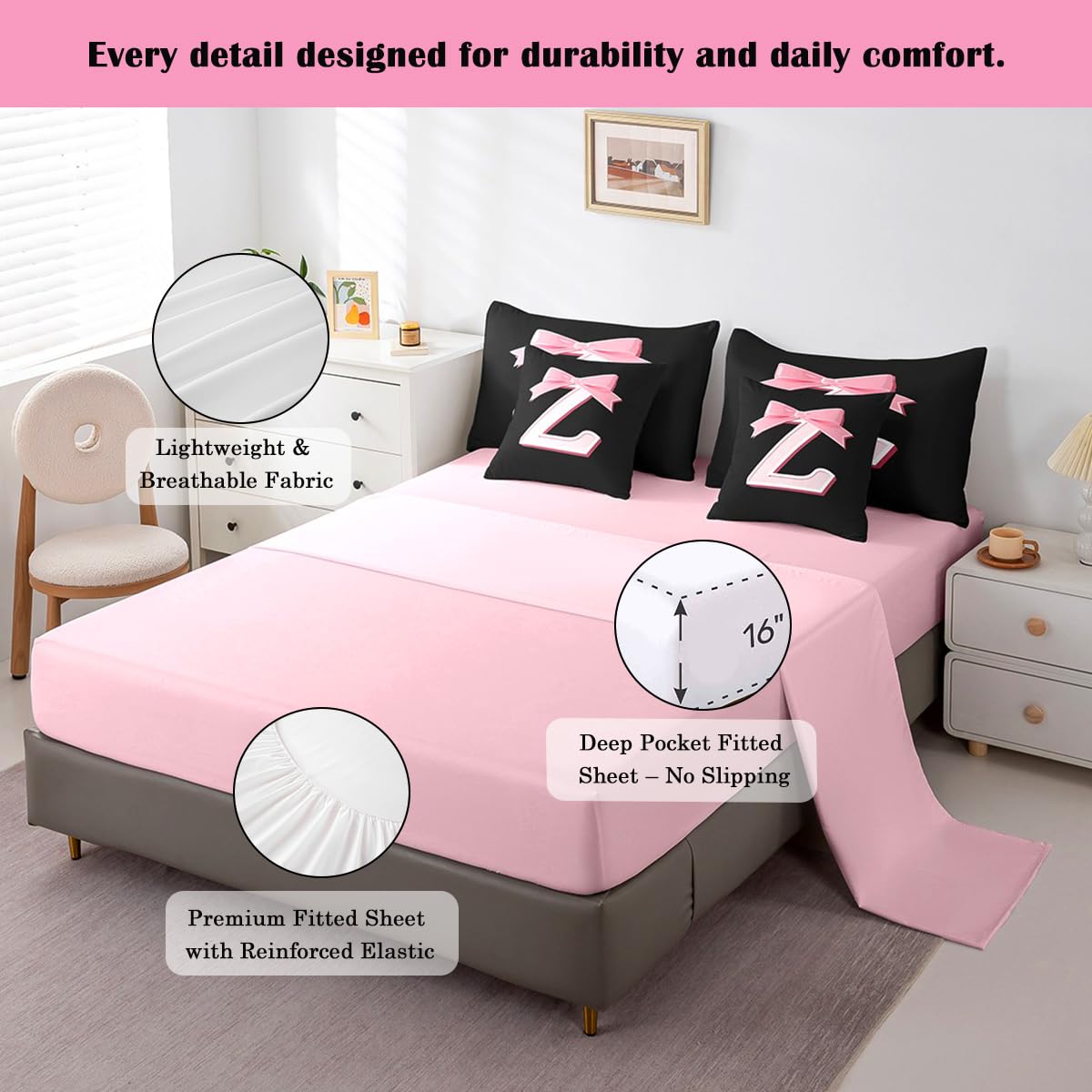jejeloiu Kawaii Pink Bow Twin Comforter Set with Sheets,Gifts for Women Teen Girl,Monogrammed 7 Piece Bedding Set,Soft Personalized Initial Letter Z Bed in a Bag with Comforter,Sheets,Pillowcases