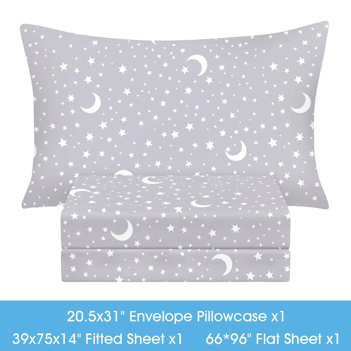 BYSURE Twin Sheets Set Kids(Moon&Stars, Light Grey), 3 Pieces Easy Fit Deep Pocket Sheets Set, Breathable Wrinkle-Free Microfiber Bedding for Children