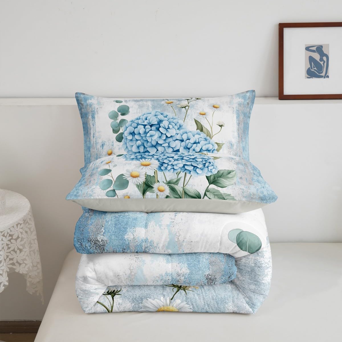 Erosebridal Blue Hydrangea Flower Queen Comforter Set Spring Blossom Bedding Set Abstract Oil Painting Bed Set Watercolor Floral Rustic Farmhouse Quilt Set Ombre Blue Grey Design for Adults