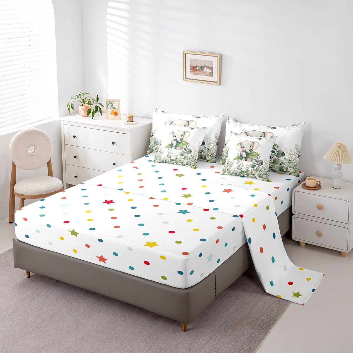 Erosebridal Cute Elephant Twin Comforter Set 7 Pieces for Kids Green Eucalyptus Bedding Comforter Sets, Woodland Animal Bed in a Bag Botanical Plant Leaves Bedding Set, Cartoon Wildlife Bed Sheets Set