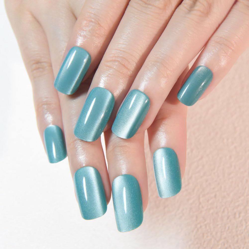 Light Cyan Cat Eye Press on Nails Medium Square, Medium Square Press Stick on Nails Chrome for Women Gift, Green Holographic Glitter Glossy Reusable Gel Acrylic Fake Nail with Designs Cateye Effect