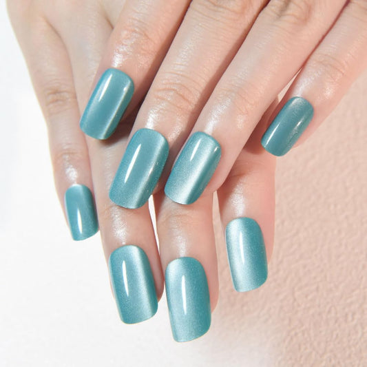 Light Cyan Cat Eye Press on Nails Medium Square, Medium Square Press Stick on Nails Chrome for Women Gift, Green Holographic Glitter Glossy Reusable Gel Acrylic Fake Nail with Designs Cateye Effect