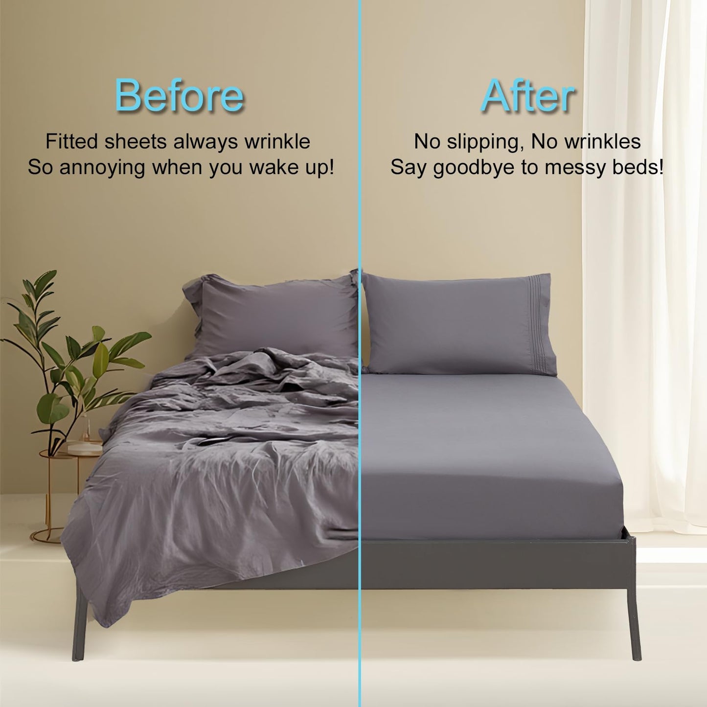 Popfavor Deep Pocket Queen Fitted Sheet with Straps - Fits Mattresses Up to 21" Thick - 3 Piece Bed Sheets - Moisture Wicking, Cooling & Soft Fitted Sheet & Pillow Cases (Grey)