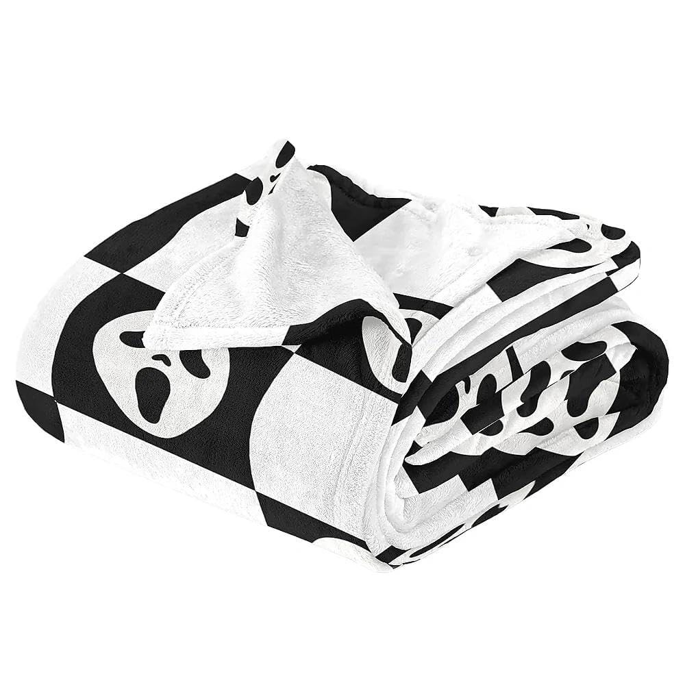 YWZDS Spooky Face Throw Blanket, Black and White Checkered Pattern, Halloween Ghost Blankets Fuzzy Gifts for Sofa Couch Bedroom (50 * 60 inch)