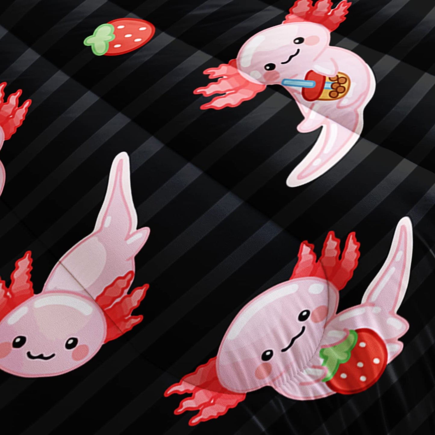 HOSIMA Kids Black Full Size Comforter Sets 3 Pieces,Cartoon Axolotl Bedding Sea Wildlife Cute Animals Theme Room Decor,Kawaii Bedding Set Strawberry Comforter with 2 Pillowcases.
