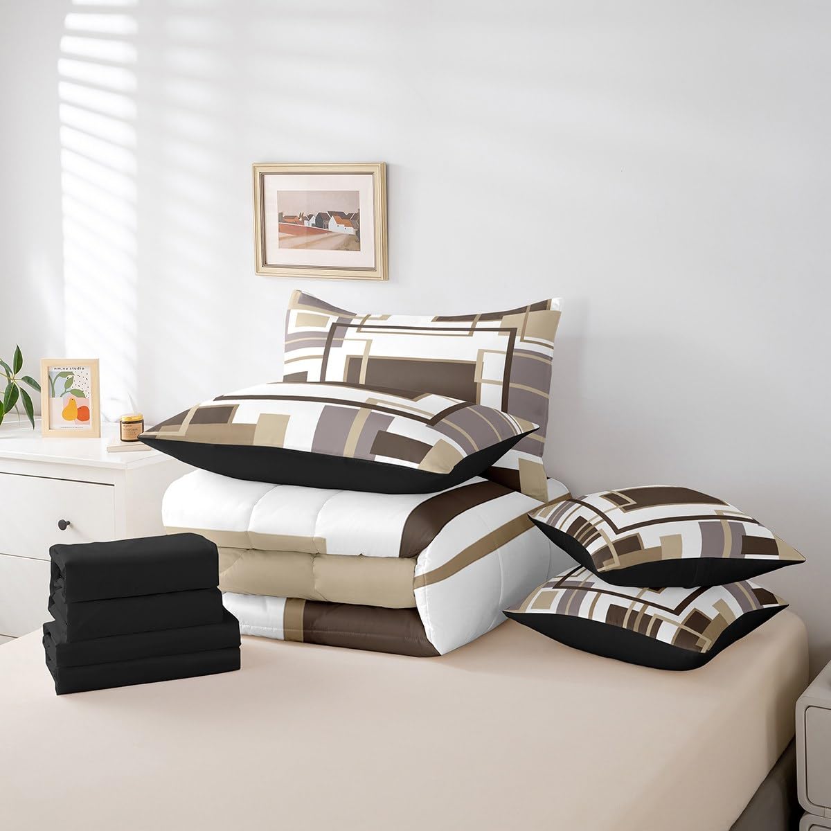 Erosebridal 7Pcs Khaki Square Geometric Comforter Set King,Minimalist Striped Abstract Bed in A Bag for Women Men Adults,Modern Aesthetic Art Quilt Set with Pillowcases,Geometric Stripes Bedding