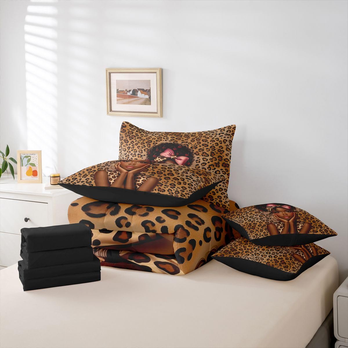 Erosebridal Bowknot Black Girls Queen Bedding Set Aesthetic Leopard Print Comforter Set with Flat and Fitted Sheet Teen Woman Animal Print 7-Piece Bed in a Bag Cute Red Cherry Quilt Sets