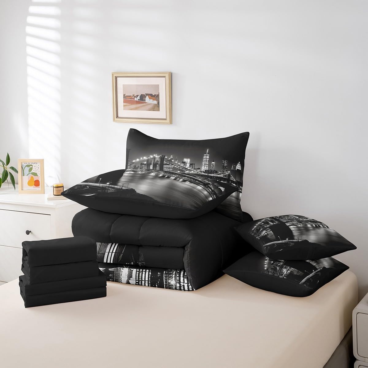 jejeloiu Cityscape Bed Set Twin Size Modern Bridge 7 Pieces Bedding Set for Kids Boys Girls Tall Building Decor Bed in a Bag with Comforter, Sheets, Pillowcases Breathable Lighting Bedroom Decor