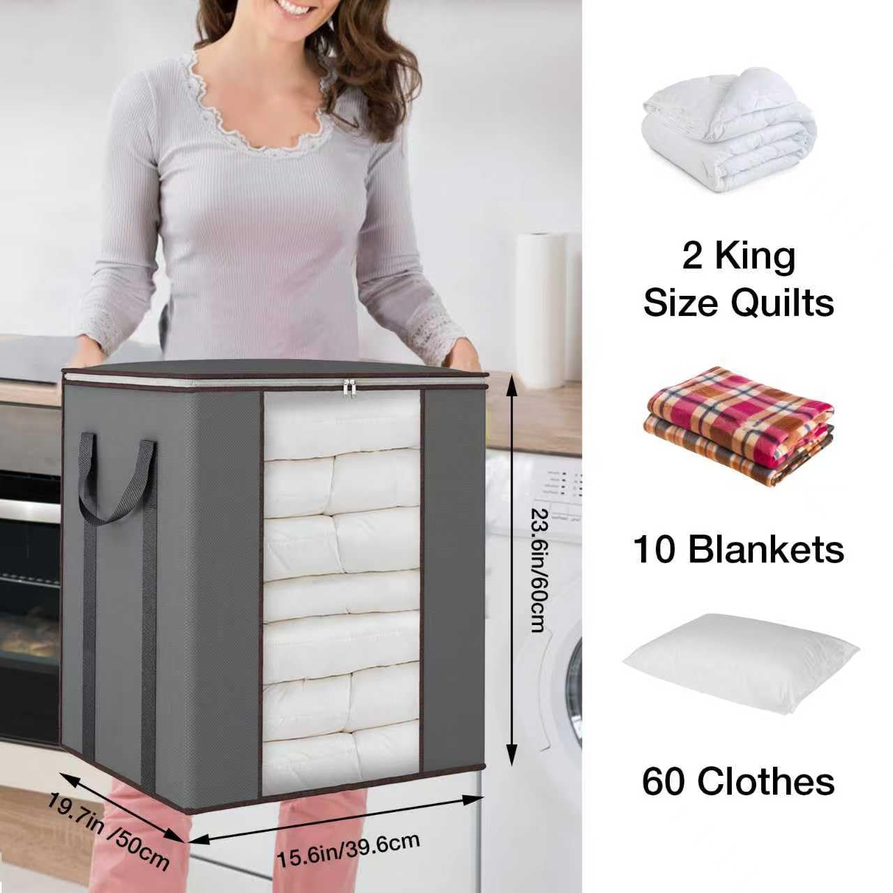 120L Extra Large Clothes Storage Bags, 3 Pack Blanket & Clothing Storage Bins, Foldable Closet Organizers with Clear Window and Reinforced Handles for Clothing, Blankets, Bed Sheets and Pillows