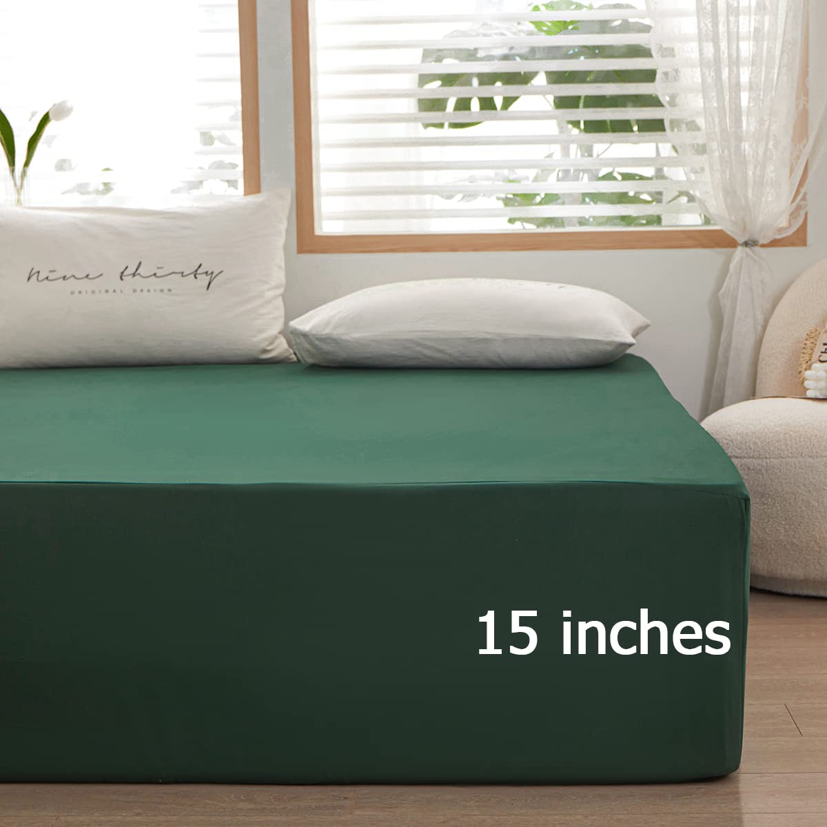 Bedding Queen Size Fitted Sheet Only- Bottom Mattress Fitted Sheet-Fits 15inches Deep Mattress Pocket -Soft and Microfibe-Shrinkage and Fade Resistantr-Easy Care-Dark Green