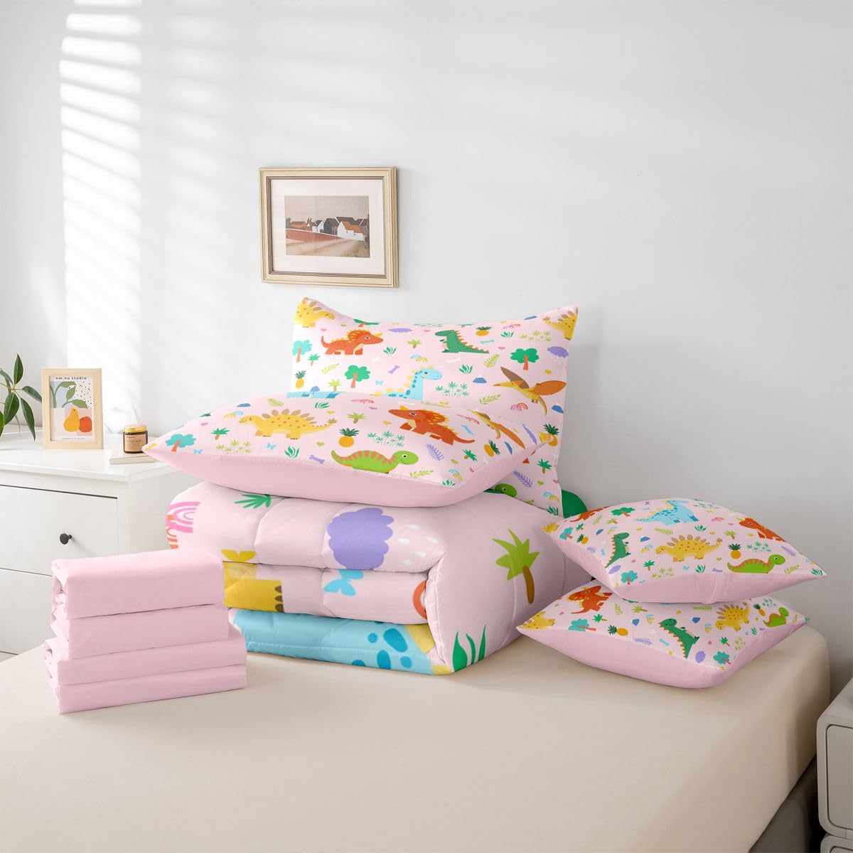 Feelyou Kids Cute Dinosaur Comforter Set with Sheets 7 Piece Full Size Pink Dinosaur Bed in a Bag Kids Boys Girls Cute Animal Bedding Set Bedroom Decor Breathable Soft Lightweight Microfiber