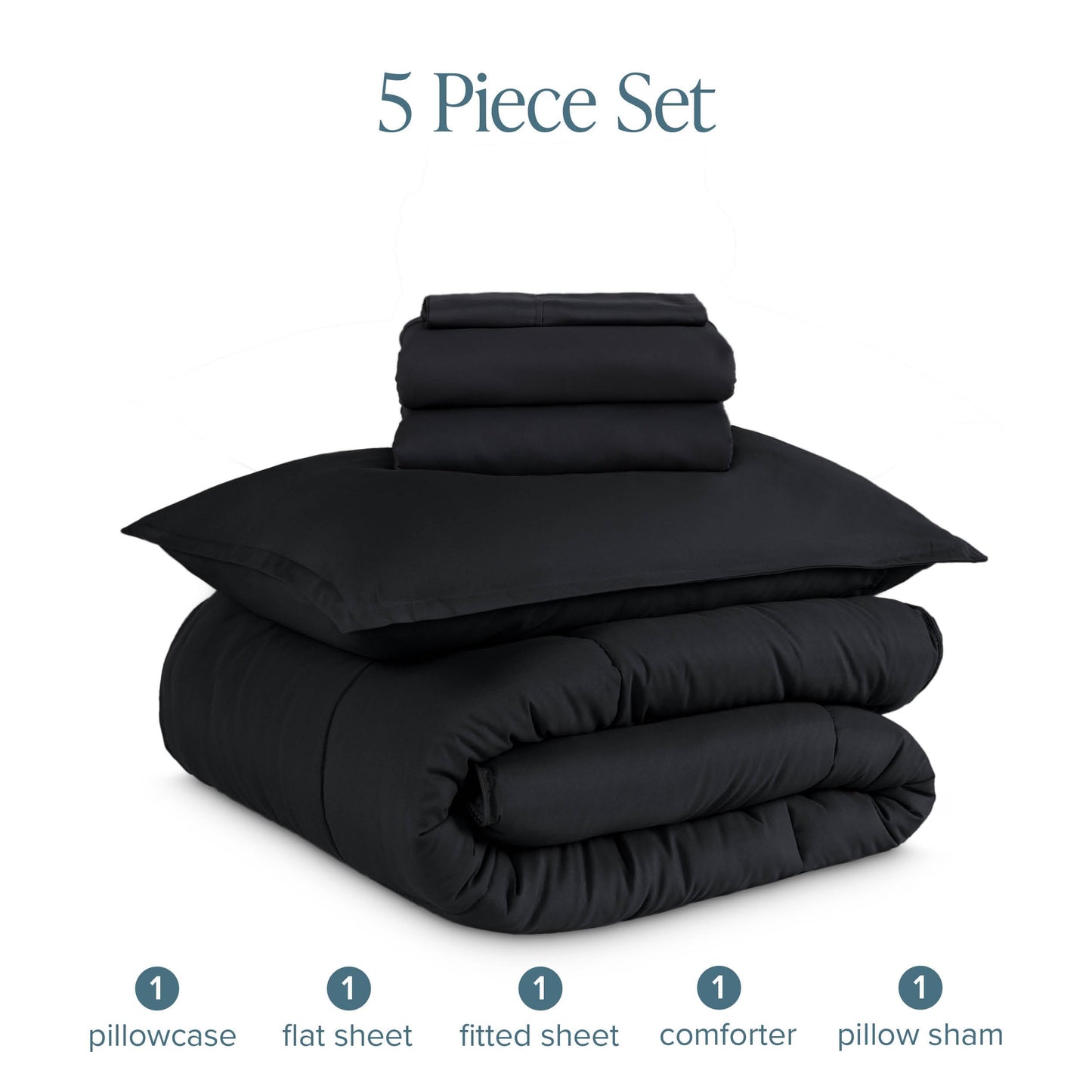 Bare Home Bed-in-A-Bag 5 Piece Comforter & Sheet Set - Twin XL - Goose Down Alternative - Ultra-Soft 1800 Premium Bed Set (Twin XL, Black/Black)