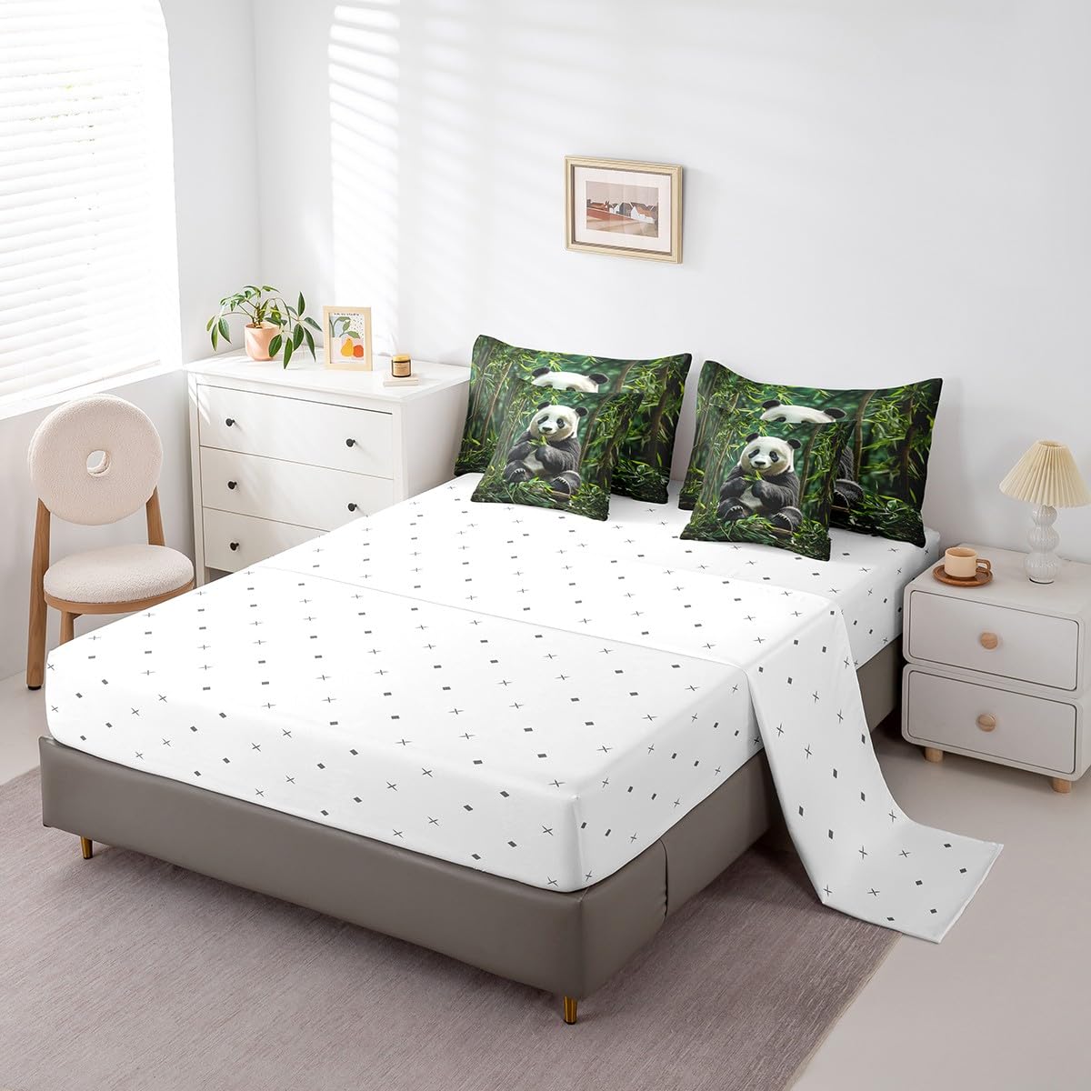 jejeloiu Cute Panda Comforter Set 7 Pieces Full Size Kids Panda Bear Printed Bed in a Bag for Boys Girls Animal Bedding Set Wild,Comforter + Sheets + Pillowcases + Cushion Covers