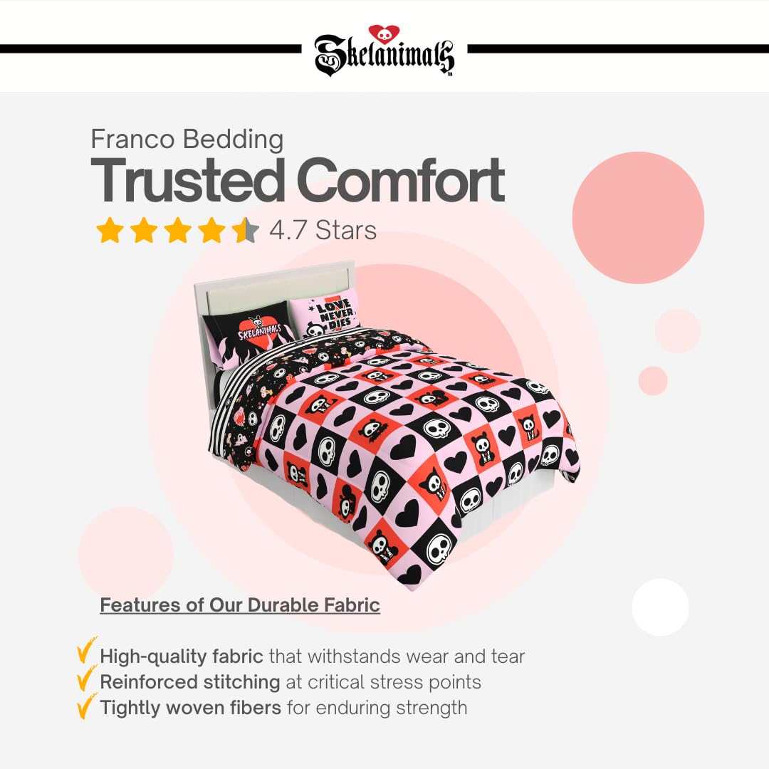 Skelanimals Bedding 5 Piece Twin Bed Set, Soft Checkered Comforter and Sheet Set with Sham, Kit The Cat, (Officially Licensed Product) by Franco Collectibles