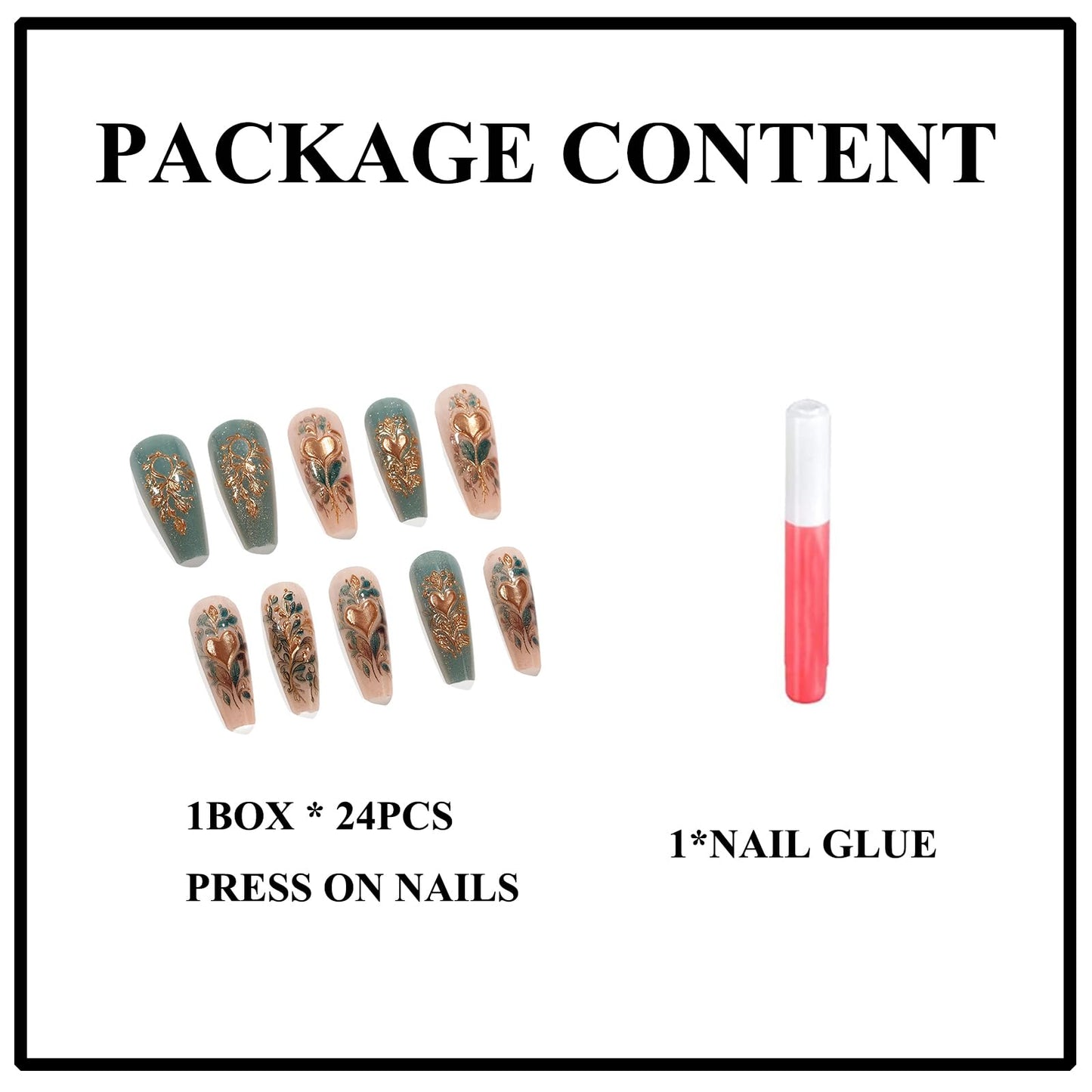MERVF Coffin Press on Nails Long, Green Gold Fake Nails 3D Heart Leaf Glue ons Glitter Luxury Design Acrylic Nail Glossy 24pcs