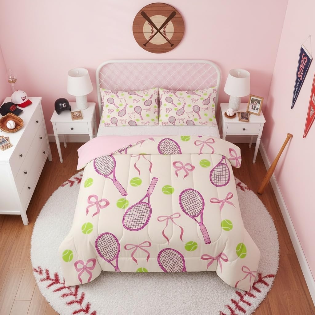 Tennis Kids Full Comforter Sets,Girls Sport Cute Bowknot Reversible Bedding Set for Boys Teens,Outdoor Sport Ball Game Quilt Set 3 PCS,Pink Yellow Cute Princess Duvet Insert,2 Pillow Cases