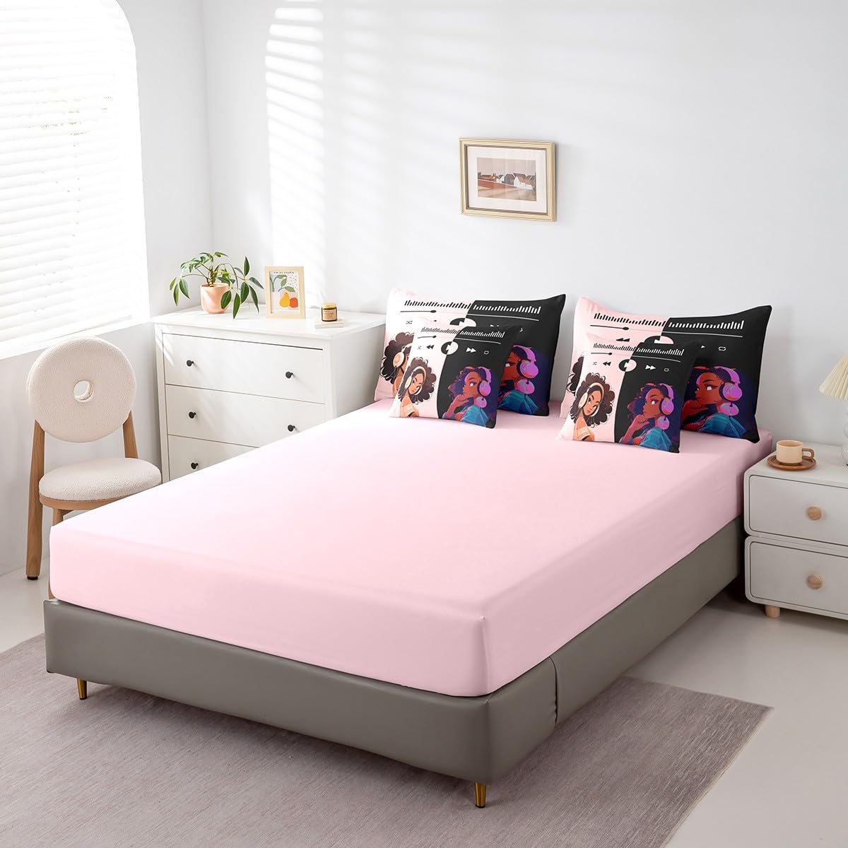 Castle Fairy Black Girls 7Pcs Comforter Set Full Size,Africa Woman American Bedding Sets for Kids Girls Boys,Music Bed in a Bag Pink and Black Fitted Sheet Flat Sheet,2 Throw Pillow 2 Pillowcases
