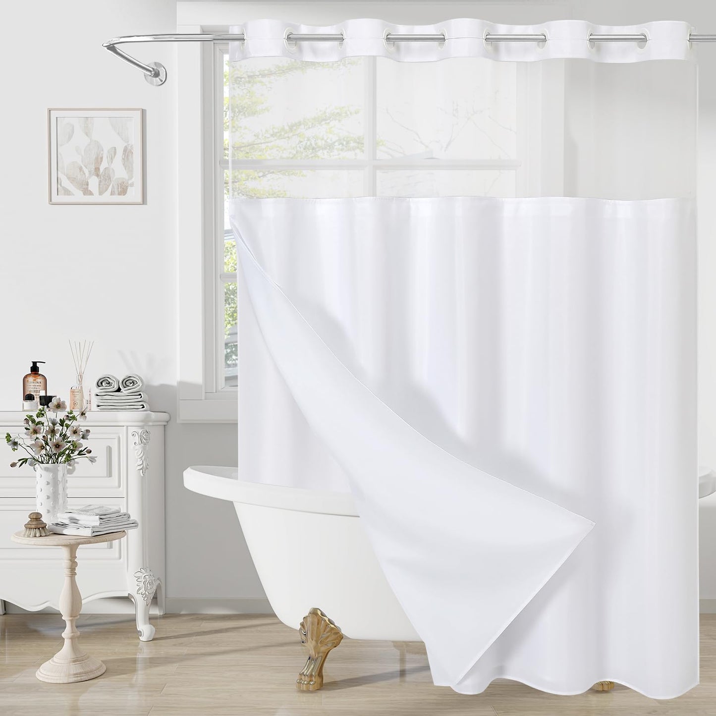 Litabel White Fabric Snap-in Shower Curtain Liner Replacement, 70W x 66H Waterproof Removable Liner for No Hook Shower Curtains with Snap in Liner, Soft Cloth & Hotel Quality, Machine Washable