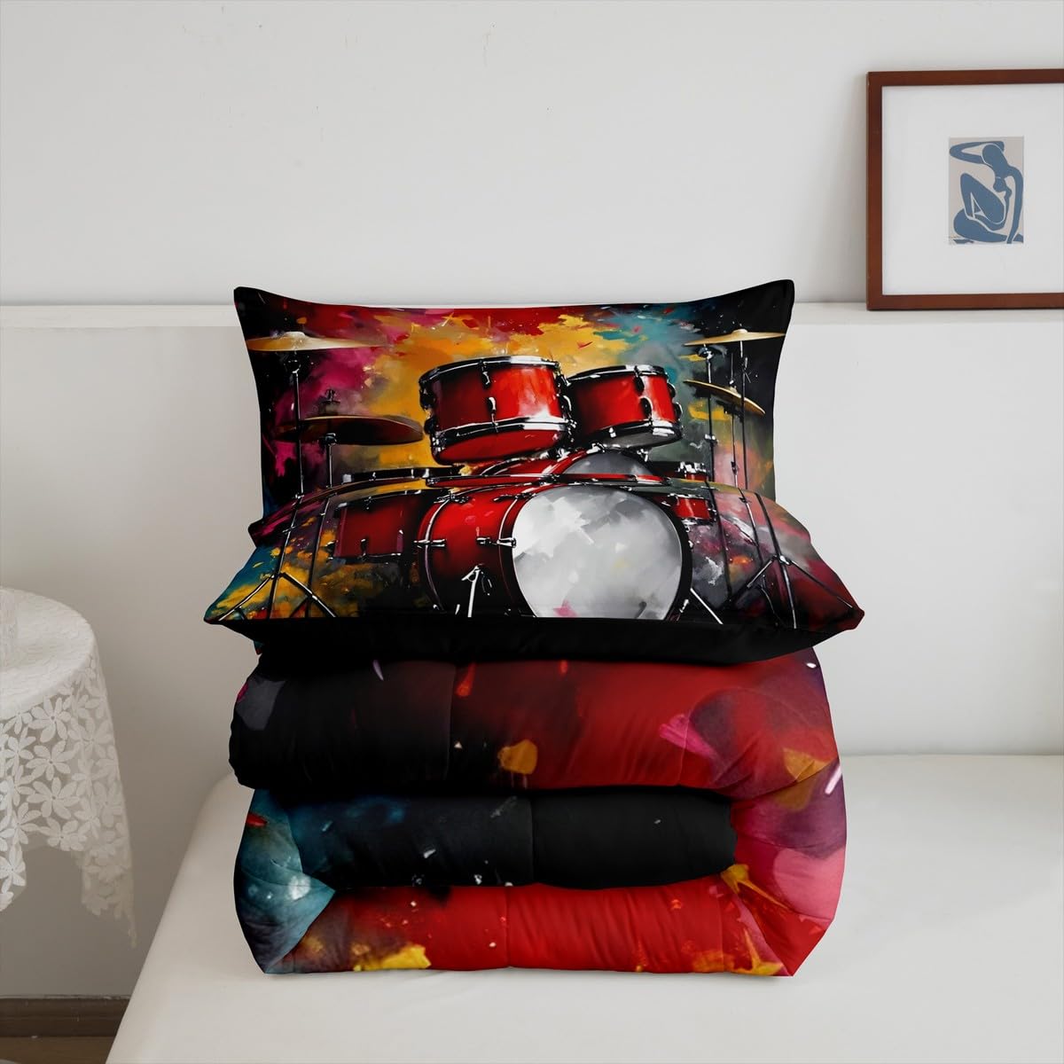 Erosebridal Drum Kit 3D Print Kids Comforter Sets Rock Music Themed Queen Bedding Set for Boys Girls Musical Pattern Comforter Set,Colorful Retro Style Quilt Duvet 3 Pcs