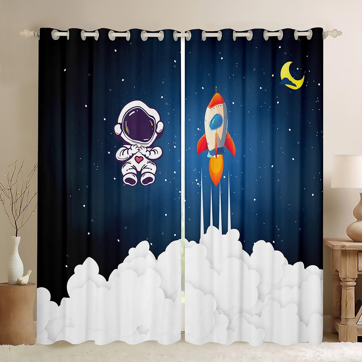 Kids Astronaut Rocket Window Curtains for Bedroom Living Room Cartoon Space Rocket Curtains Galaxy Cosmonaut Spaceman Window Drapes Boys Girls Outer Space Window Treatments,52x84 Inches,2 Panels
