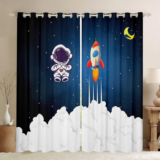 Kids Astronaut Rocket Window Curtains for Bedroom Living Room Cartoon Space Rocket Curtains Galaxy Cosmonaut Spaceman Window Drapes Boys Girls Outer Space Window Treatments,52x84 Inches,2 Panels