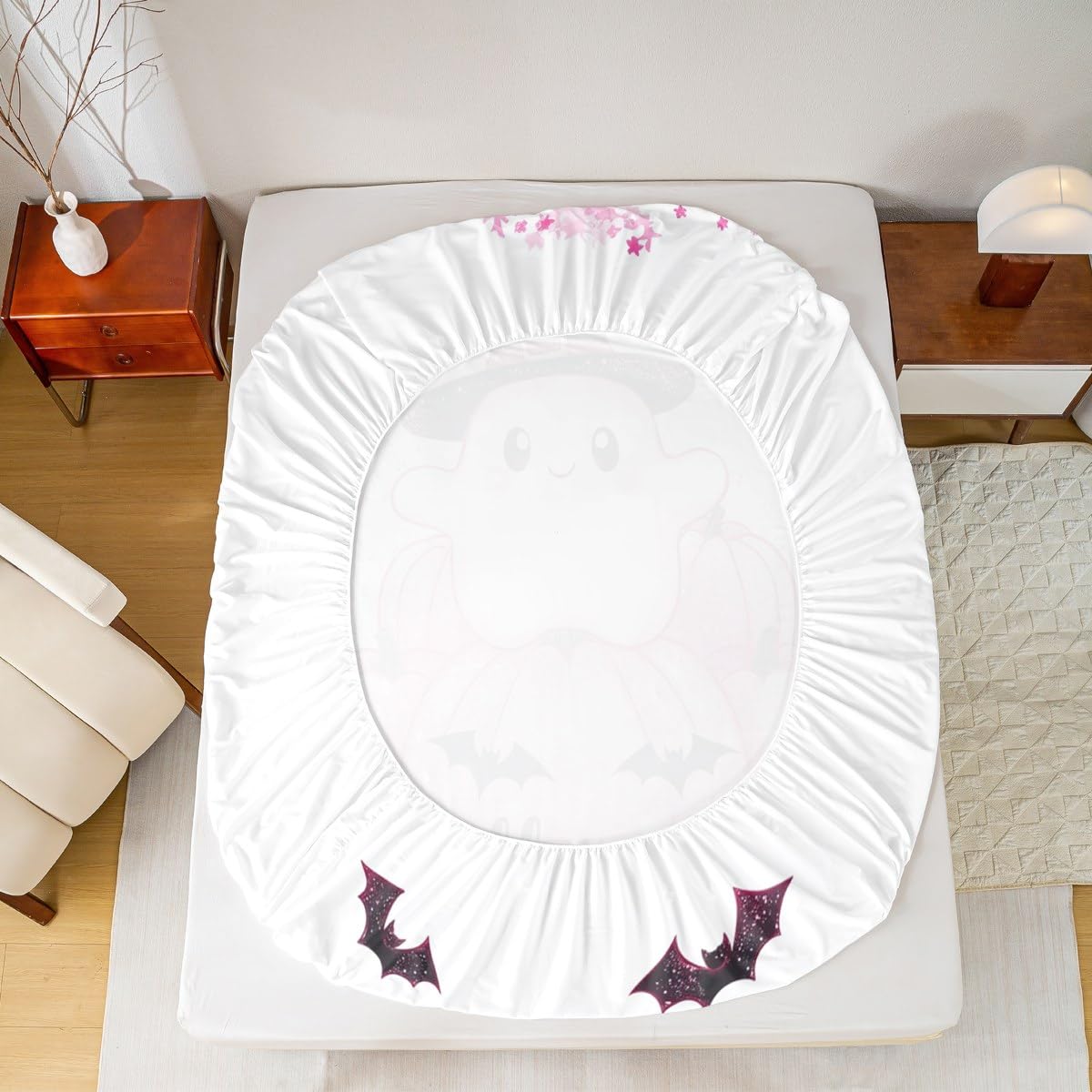 Feelyou Kids Halloween Bedding Set Full Size, Cute Ghost Bed Sheet Set Boys Girls Pink Pumpkin Fitted Sheet Black Bat Teens Bedroom Decor Bed Set 3Pcs (No Flat Sheet)