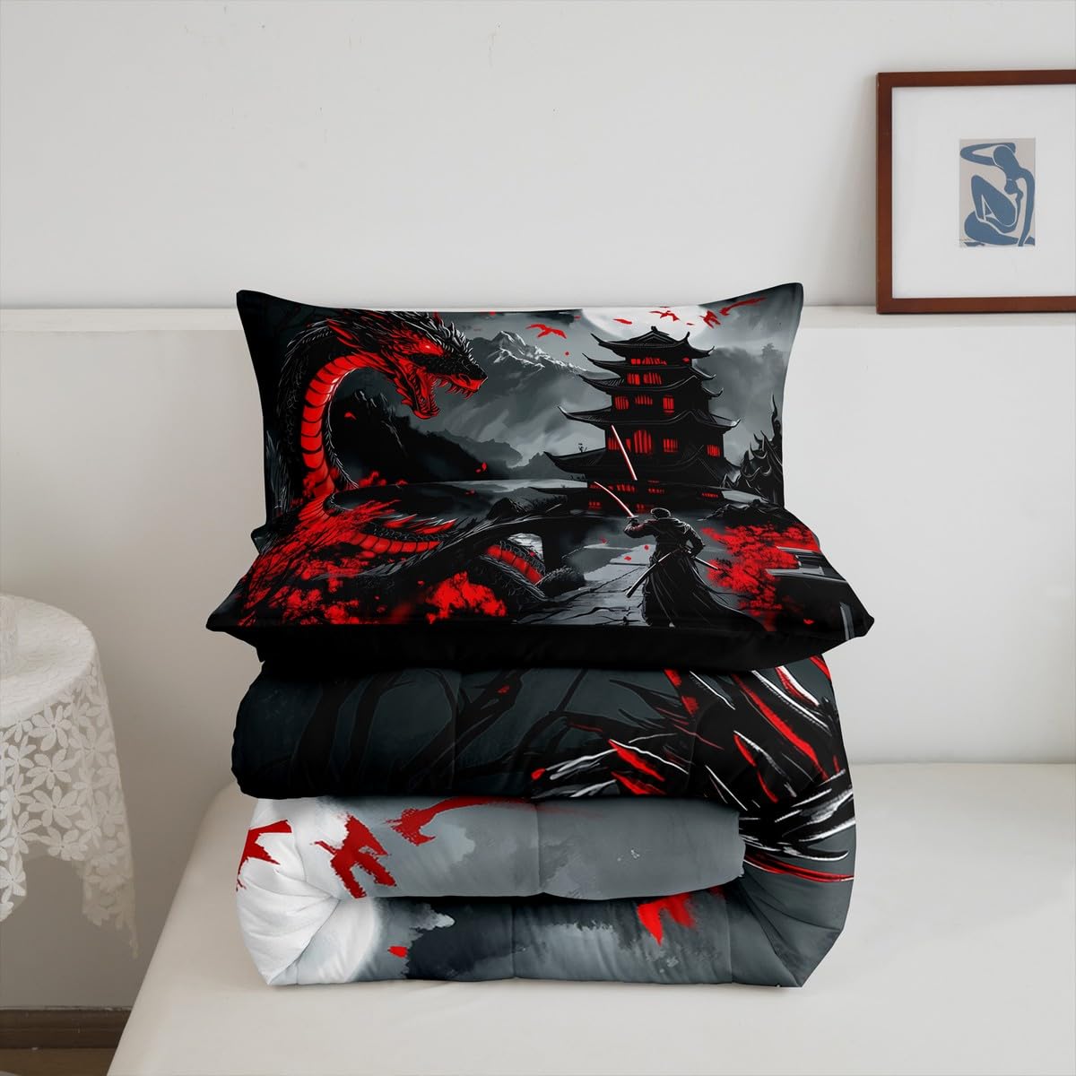 Erosebridal Dragon Bedding Set Queen Size, Japanese Style Comforter Set for Teens Youth Adult Men Room, Ancient Animal Quilt, Retro Wildlife Ukiyo-E Down Comforter, Black Grey Red