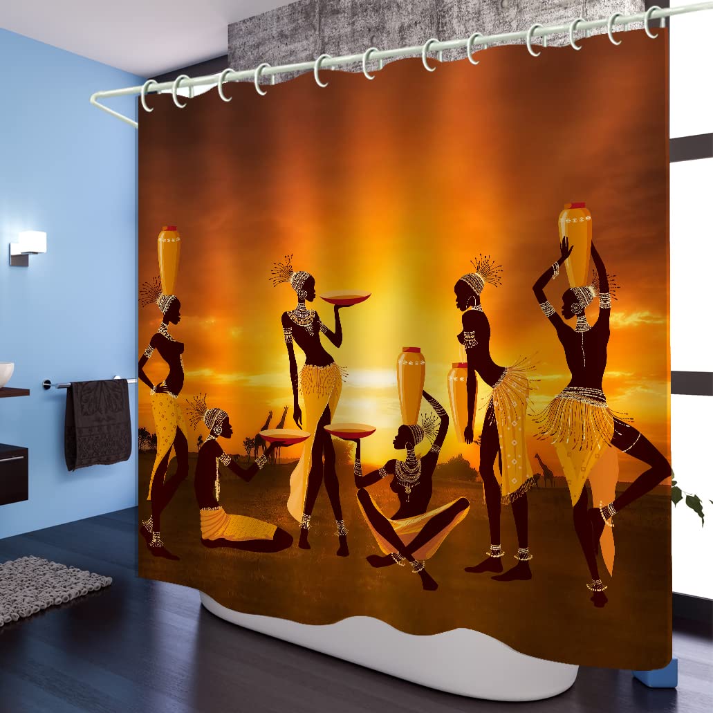 LYFANS Waterproof Shower Curtain Set Bathroom Orange African Tribal Print, Beautiful Wide Fabric Bathroom Curtain Bathtub Privacy Shower Curtains, 12 Hooks and 79 X 72 Inch Shower Curtain.