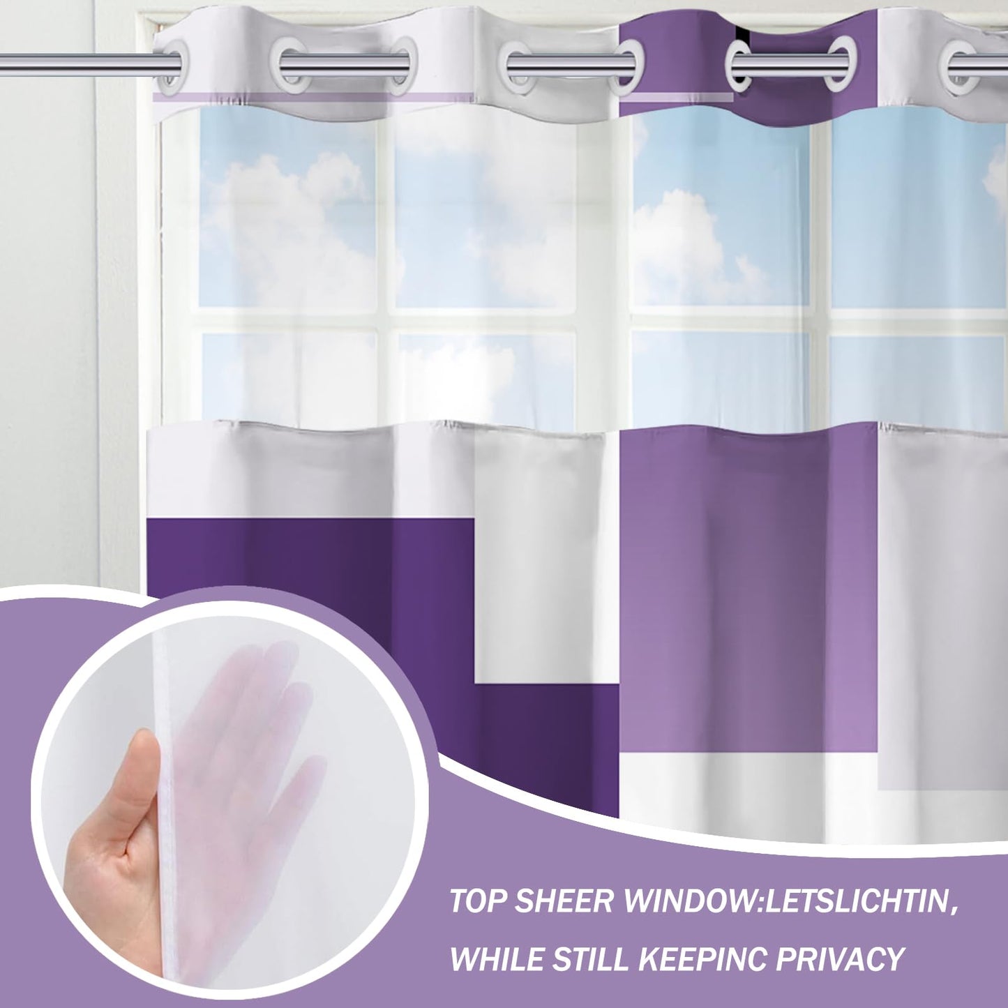 Purple Hookless Shower Curtain Set with Snap in Liner, Purple White Bathroom Decor, 71x74 Inches, Geometric Bathroom Curtain with Liner and See Through Top Window