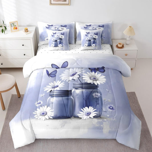 Erosebridal Girly Floral Queen Bedding Set Aesthetic Girls Blue Butterfly Comforter Set for Women Teens Cute Botanical 7-Piece Bed in a Bag Pretty Watercolor Petals Bottle Decor Quilt Sets