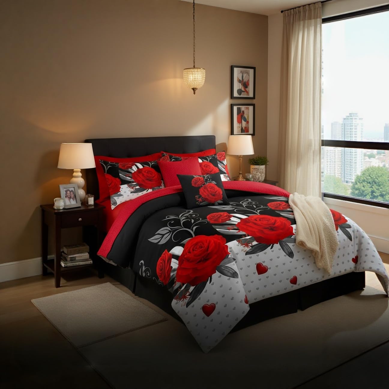 Elegant Red Rose Floral King Light Comforter Set, Luxury 9-Piece Bed in a Bag King Bedspread with Matching Curtains Ultra Soft & Breathable Botanical Bedding, All-Season Decor for Master Suite