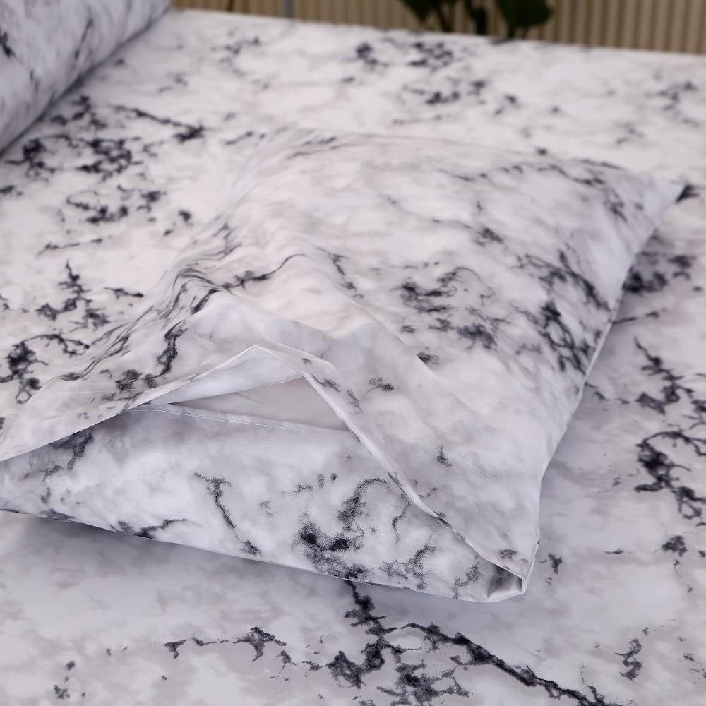 MAG Marble Bed Sheet, 4PC Black White and Gray, Full Size Modern Pattern Printed Bedding Sheet Set with 1 Top Flat & 1 Fitted Sheet with 2 Pillowcases, 14” Deep