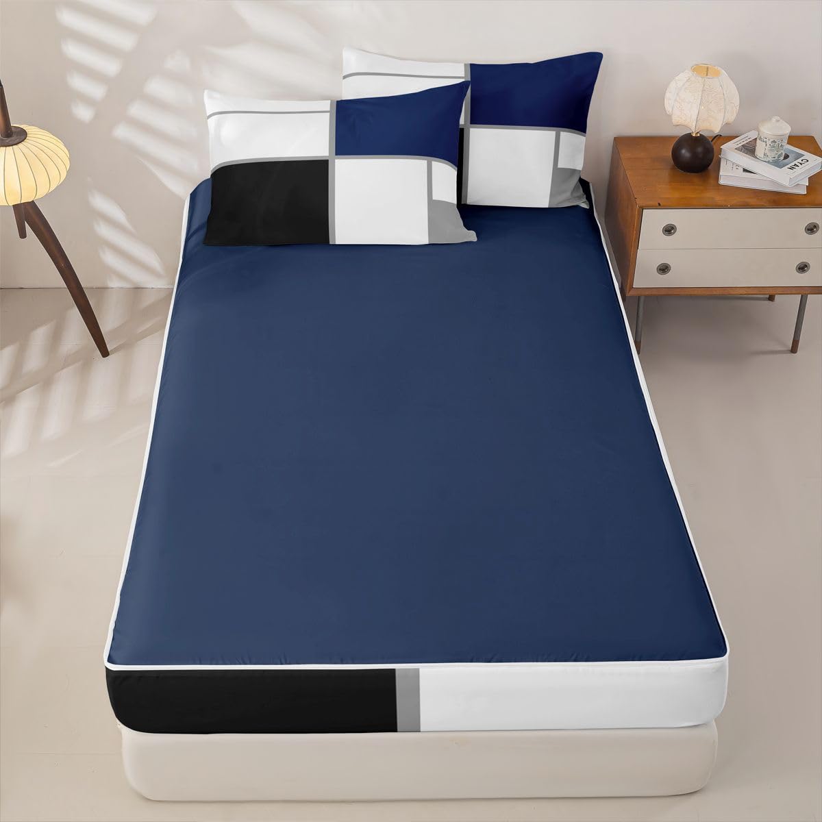 Erosebridal Zippered Bedding Set Twin for Adults Teens Black and White Abstract Comforter Set Navy Blue Striped Grid Bed in a Bag for Minimalist Modern Art Patchwork Zipper Quilt Fitted Sheet