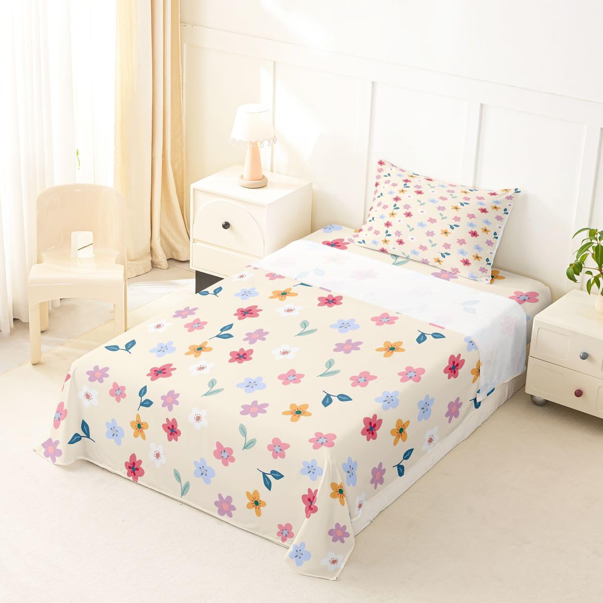 Erosebridal Cartoon Floral Bed Sheets Set Twin Boho Floral Leaves Sheet Set Farmhouse Flowers Plant Sheets Rainbow Wildflower Flat Fitted Sheet