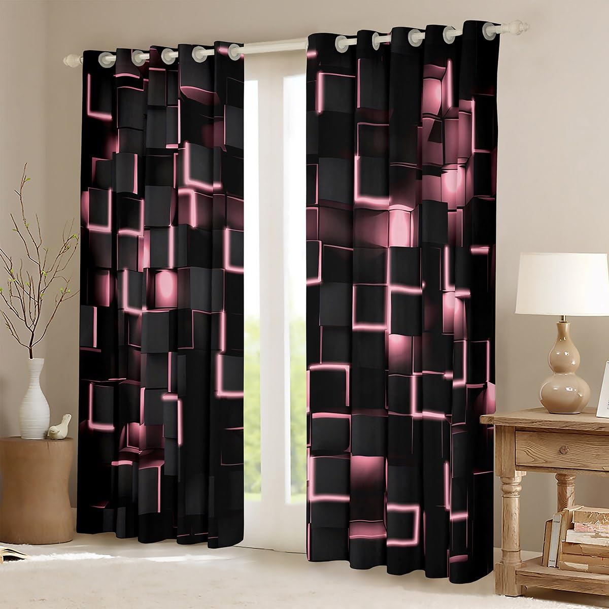 Feelyou Pink and Black Darkening Drapes (2 Panels, 52 x 90 Inch) Light Geometric Curtains for Bedroom Living Room Decor Blackout Curtains Modern Style Window Treatments