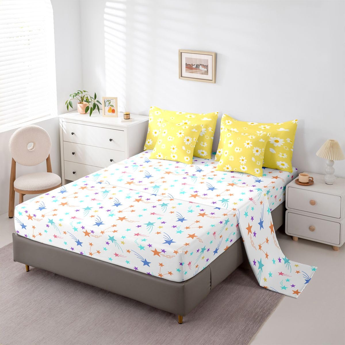 Erosebridal Cute Daisy 7 Pcs Bedding Set Twin Size for Teen Girls White Yellow Comforter Set with Sheets for Kids Women Groovy Floral Bed in A Bag Trendy Coquette Flower Bed Sets All Season