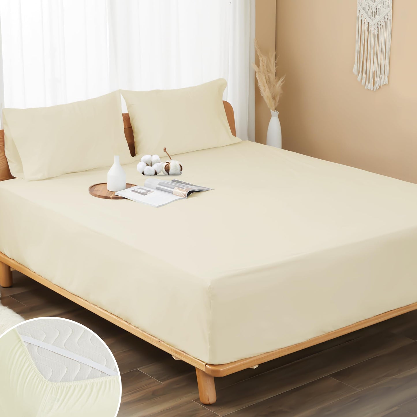 HOMTEC 100% Cotton Percale Fitted Sheet California King Size, 8-15" Deep Pocket Cooling Bottom Sheet, Breathable Soft & Crisp Fitted Sheet Only with 4 Corner Straps (Cal King, Cream)