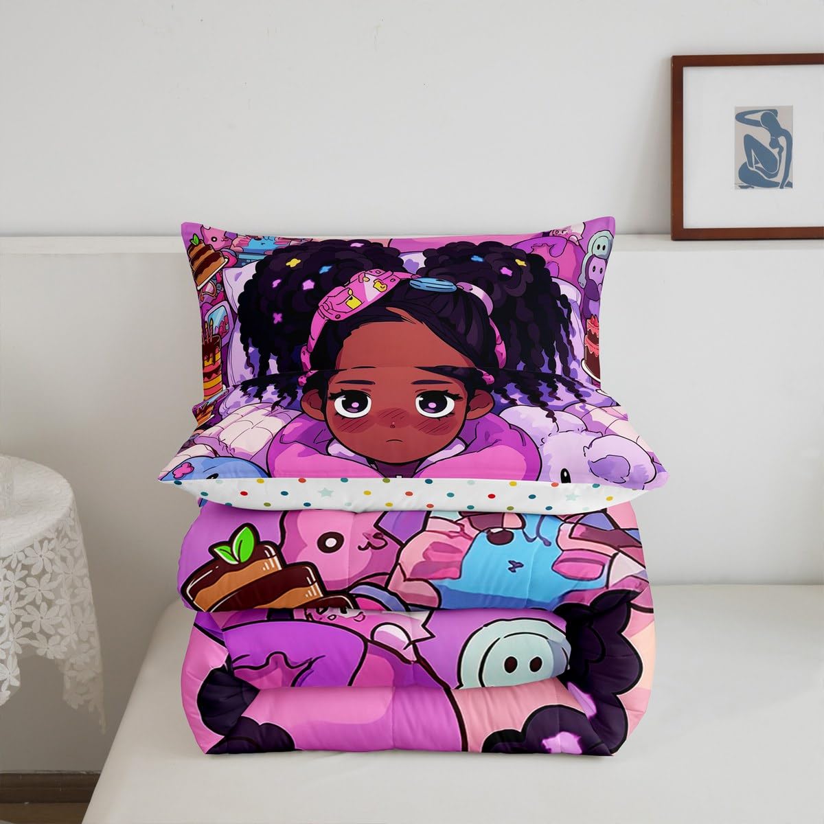 Erosebridal Black Girls Bedding Set Gaming Afro Girl Twin Comforter Set for Girls,American African Princess Magical Quilt for Toddler Kids Teenager,Cute Room Decor
